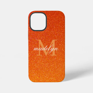 Girly Orange Glitter Sparkles Monogram Script Name iPhone 12 Mini Hülle