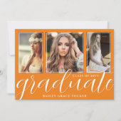 Girly Orange Graduate Script 3-Foto Abschluss Ankündigung (Vorderseite)