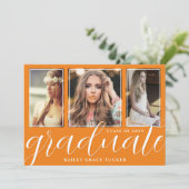 Girly Orange Graduate Script 3-Foto Abschluss Ankündigung (Stehend Vorderseite)