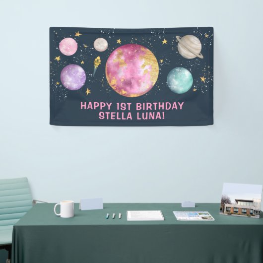 Girly Outer Space Galaxy Moon Stars Glücklich Gebu Banner (Messeveranstaltung)