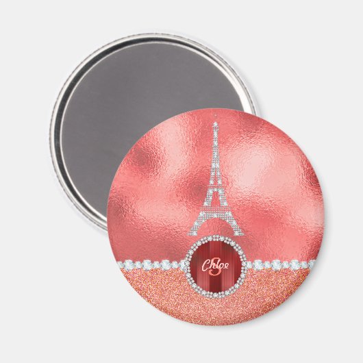 Girly Paris Diamond Eiffel Tower Rose Gold Magnet (Vorderseite/Rückseite)