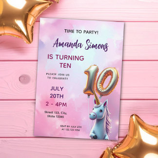 Girly Pastel Gold Balloon Unicorn 10th Birthday Einladung