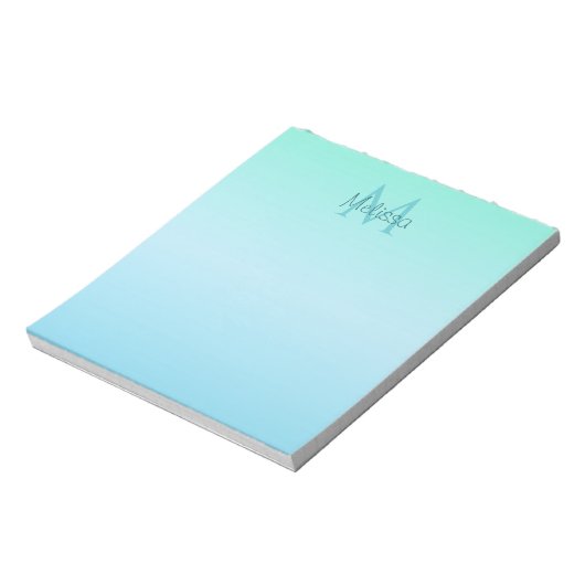 Girly Pastel Green Blue Ombre Monogram Notizblock (Rotiert)