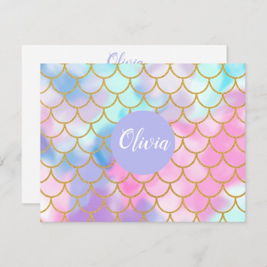 Girly Pastel Ombre Gold Glitzer Mermaid Monogram Mitteilungskarte (Vorne/Hinten)