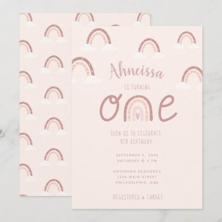 Girly Pastel Pink Rainbow Wolken Erster Geburtstag Einladung