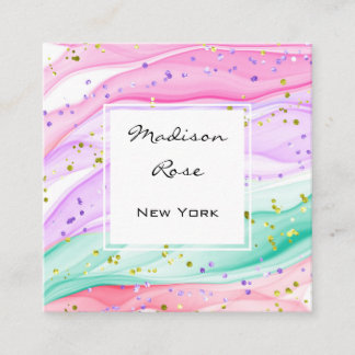 Girly Pastel Rainbow Unicory Candy Pink Lilac Gold Quadratische Visitenkarte