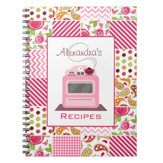 Girly Patchwork u. Retro Ofen-Rezept-Notizbuch Notizblock (Vorderseite)