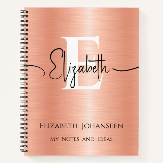 Girly Peach Brushed Metal Script Name Mit Monogram Notizblock (Vorderseite)
