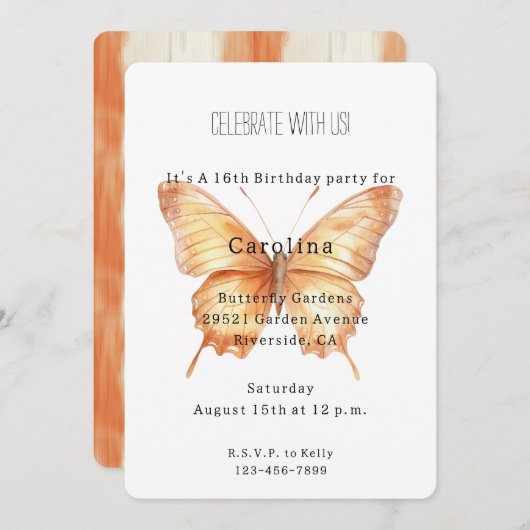 Girly Peach Butterfly Birthday Einladung (Vorne/Hinten)