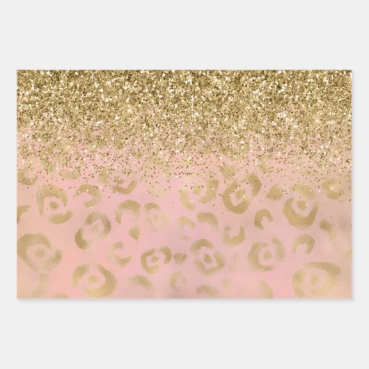 Girly Peach Gold Leopard Glitzer Geschenkpapier Set (Vorderseite)