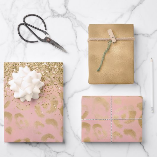 Girly Peach Gold Leopard Glitzer Geschenkpapier Set (Vorderseite)