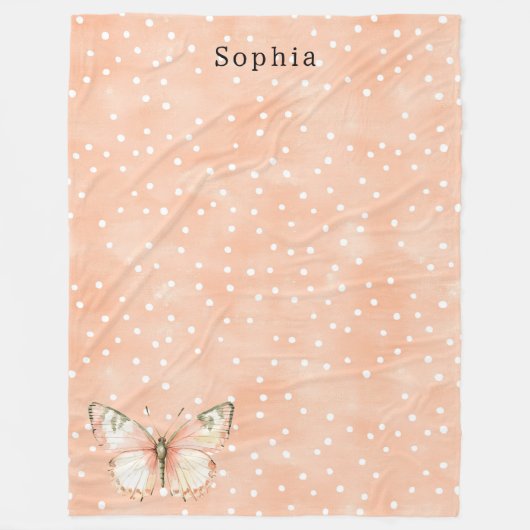 Girly Peach White Dots Butterfly   Fleecedecke (Vorderseite)