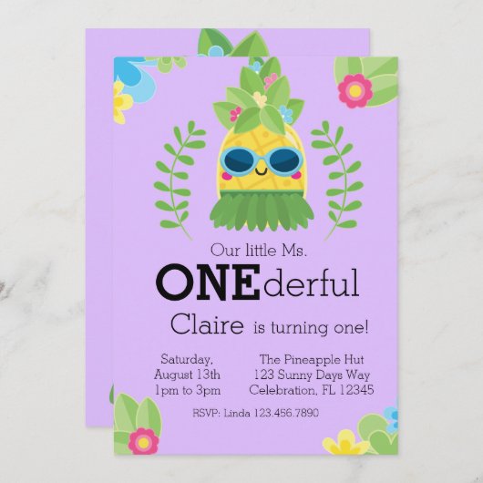 Girly Pineaple Frau Onederful Erste Einladung (Vorne/Hinten)