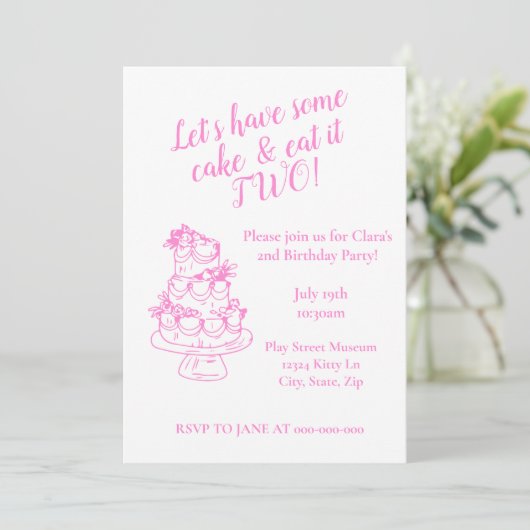 Girly Pink 2nd Birthday Invitation - Cake Theme  Einladung (Stehend Vorderseite)