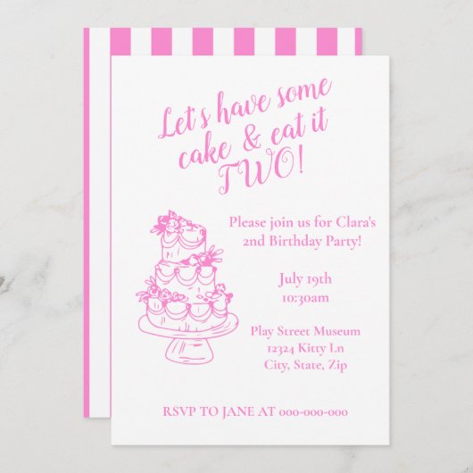 Girly Pink 2nd Birthday Invitation - Cake Theme Einladung (Vorne/Hinten)