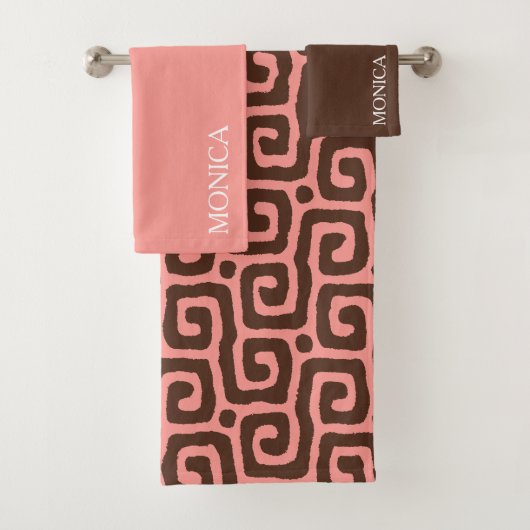 girly Pink  and brown Abstract Script Name Towel Badhandtuch Set (Insitu)
