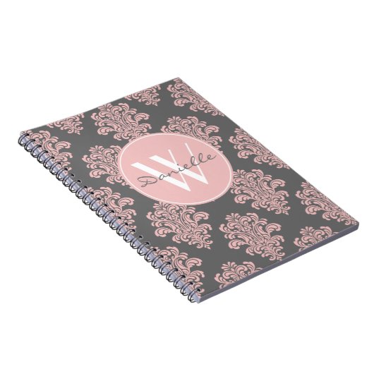 Girly Pink and Grey Damask Monogram Notizblock (Rechte Seite)