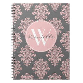 Girly Pink and Grey Damask Monogram Notizblock