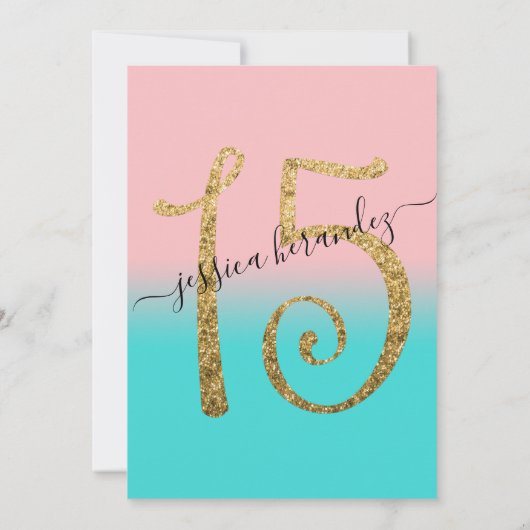 Girly Pink Aquamarin Gold Glitzer Ombre Quinceañer Einladung (Rückseite)