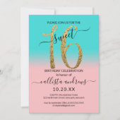 Girly Pink Aquamarin Gold Glitzer Ombre Sweet 16 Einladung (Vorderseite)