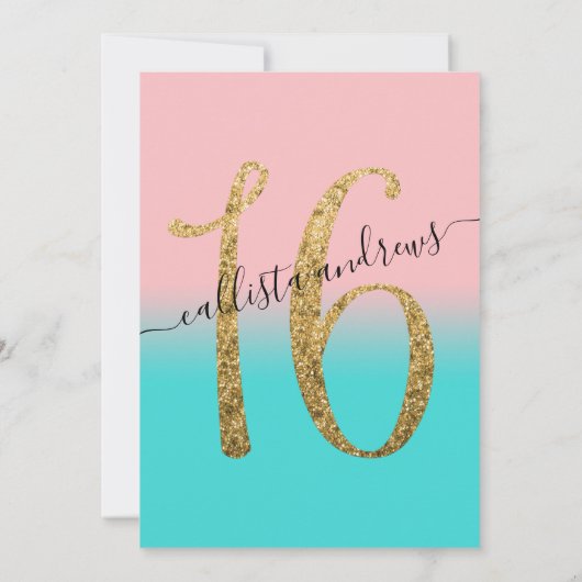 Girly Pink Aquamarin Gold Glitzer Ombre Sweet 16 Einladung (Rückseite)