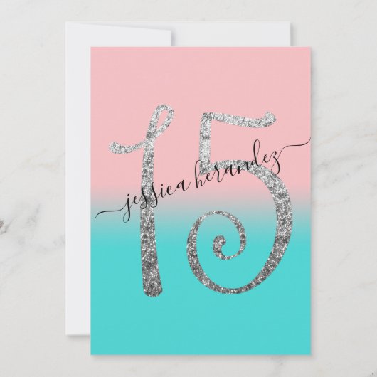Girly Pink Aquamarin Silver Glitzer Ombre Quinceañ Einladung (Rückseite)