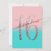 Girly Pink Aquamarin Silver Glitzer Ombre Sweet 16 Einladung (Rückseite)
