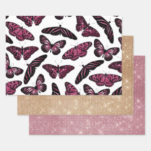 Girly Pink Black Butterfells Wasserfarbenmuster Geschenkpapier Set