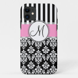 Girly, Pink, Black Damask Ihr Monogramm Case-Mate iPhone Hülle