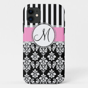 Girly, Pink, Black Damask Ihr Monogramm Case-Mate iPhone Hülle