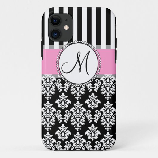 Girly, Pink, Black Damask Ihr Monogramm Case-Mate iPhone Hülle (Rückseite)