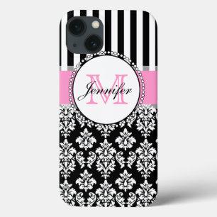 Girly Pink Black Damask Mit Monogramm gestrichen Case-Mate iPhone Hülle