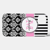 Girly Pink Black Damask Mit Monogramm gestrichen Case-Mate iPhone Hülle (Rückseite (Horizontal))