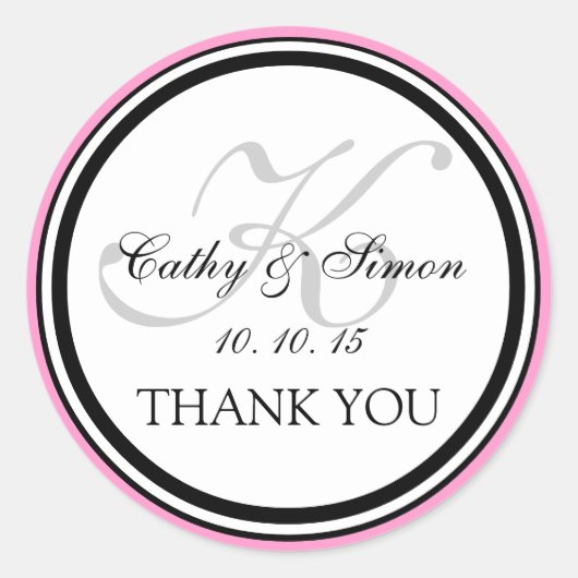 Girly Pink Black Monogram K Wedding Danke Runder Aufkleber (Vorderseite)