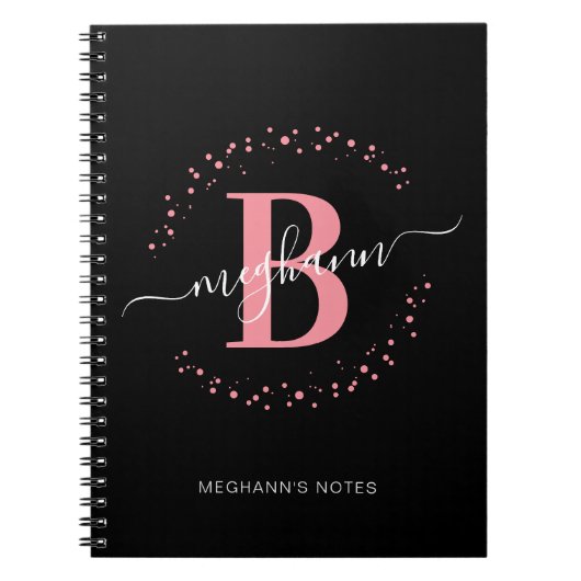 Girly Pink Black Name Script Monogram School Edito Notizblock (Vorderseite)
