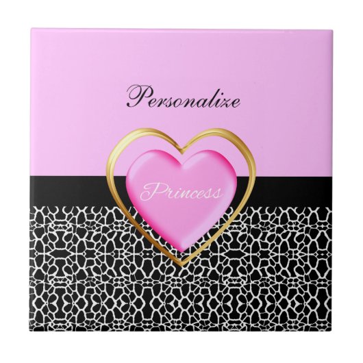 Girly Pink Black Princess Giraffe Print and Name Fliese (Vorderseite)