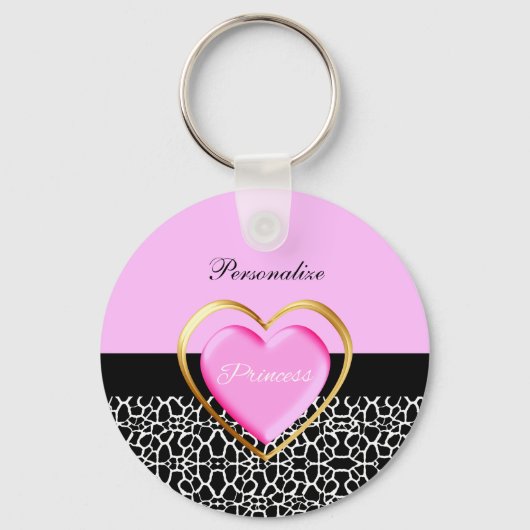 Girly Pink Black Princess Giraffe Print and Name Schlüsselanhänger (Vorderseite)