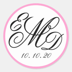 Girly Pink, Black Three Initials Monogram Wedding Runder Aufkleber