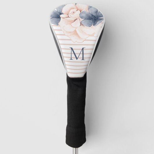 Girly Pink Blue Floral Monogram Streifen Golf Headcover (Vorderseite)