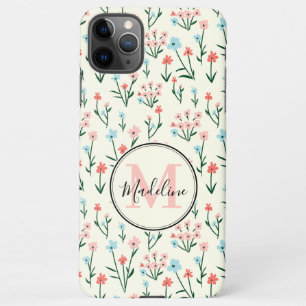 Girly Pink Blue Flowers Muster Elegantes Monogramm iPhone 11Pro Max Hülle