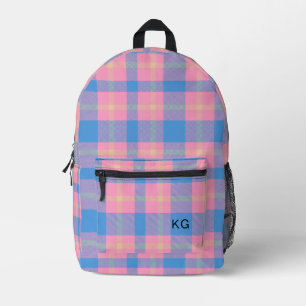 Girly Pink & Blue Kariert Monogram Initials Bedruckter Rucksack