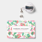 Girly Pink Blume Grünes Blattmuster Ausweis (Back with Retractable)