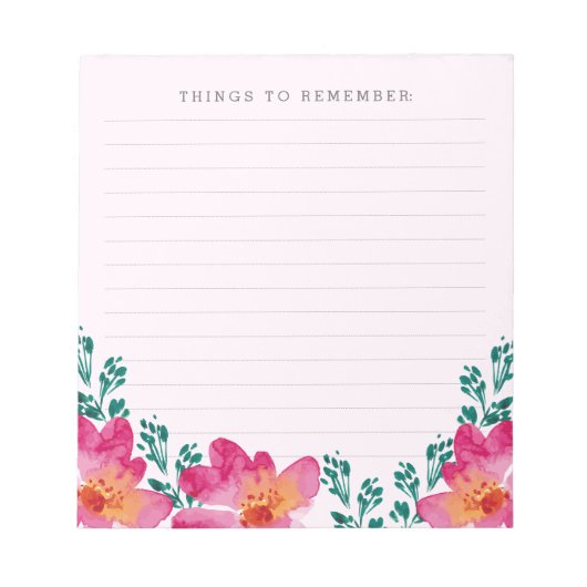 Girly Pink Blume Wasserfarben Memo Notizblock (Vorderseite)