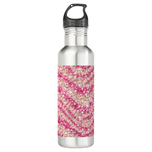 Girly Pink Blush Glitter Zebra Pattern Edelstahlflasche (Vorderseite)