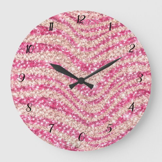 Girly Pink Blush Glitter Zebra Pattern Große Wanduhr (Vorderseite)