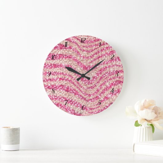 Girly Pink Blush Glitter Zebra Pattern Große Wanduhr (Zuhause)