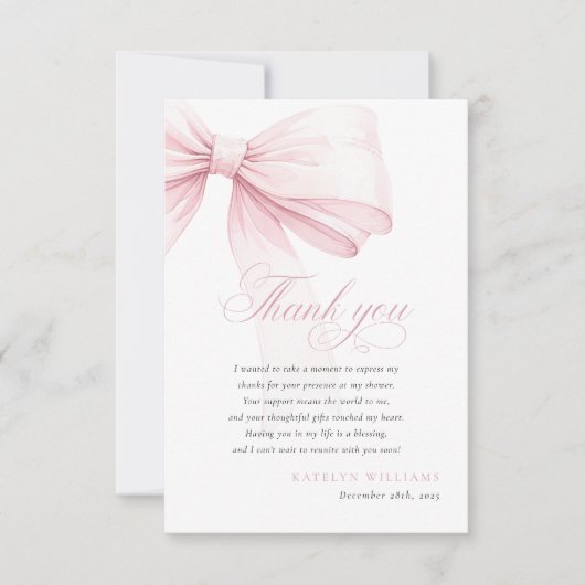 Girly Pink Bow Babydusche Dankeskarte (Vorderseite)