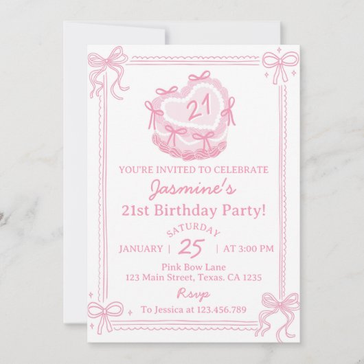 Girly Pink Bow Cake Birthday Einladung (Vorderseite)