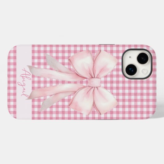Girly Pink Bow Gingham Kariert Personalisiert Case-Mate iPhone Hülle (Rückseite (Horizontal))