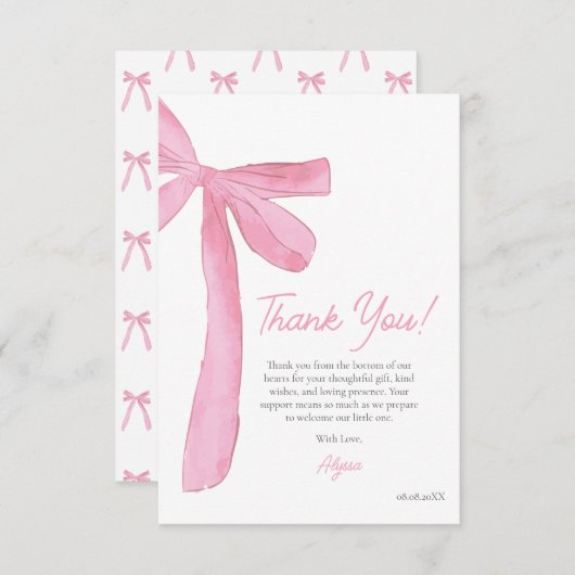 Girly Pink Bow Hand drawn Coquette baby shower  Dankeskarte (Vorne/Hinten)